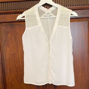 Sandro Paris sleeveless V neck blouse mesh shoulder hidden snap front holiday